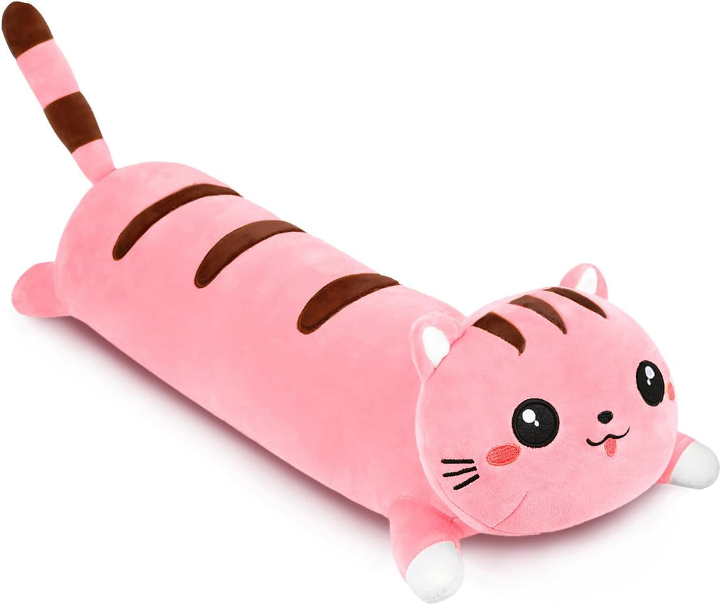 Long Cat Plush Cute Cat Body Pillows Kawaii Stuffed Animals Plushies Soft Cuddly Cotton Plush Toys Room Decor Gifts for Kids Girls Boys Adults (Pink, 19.6 Inch)