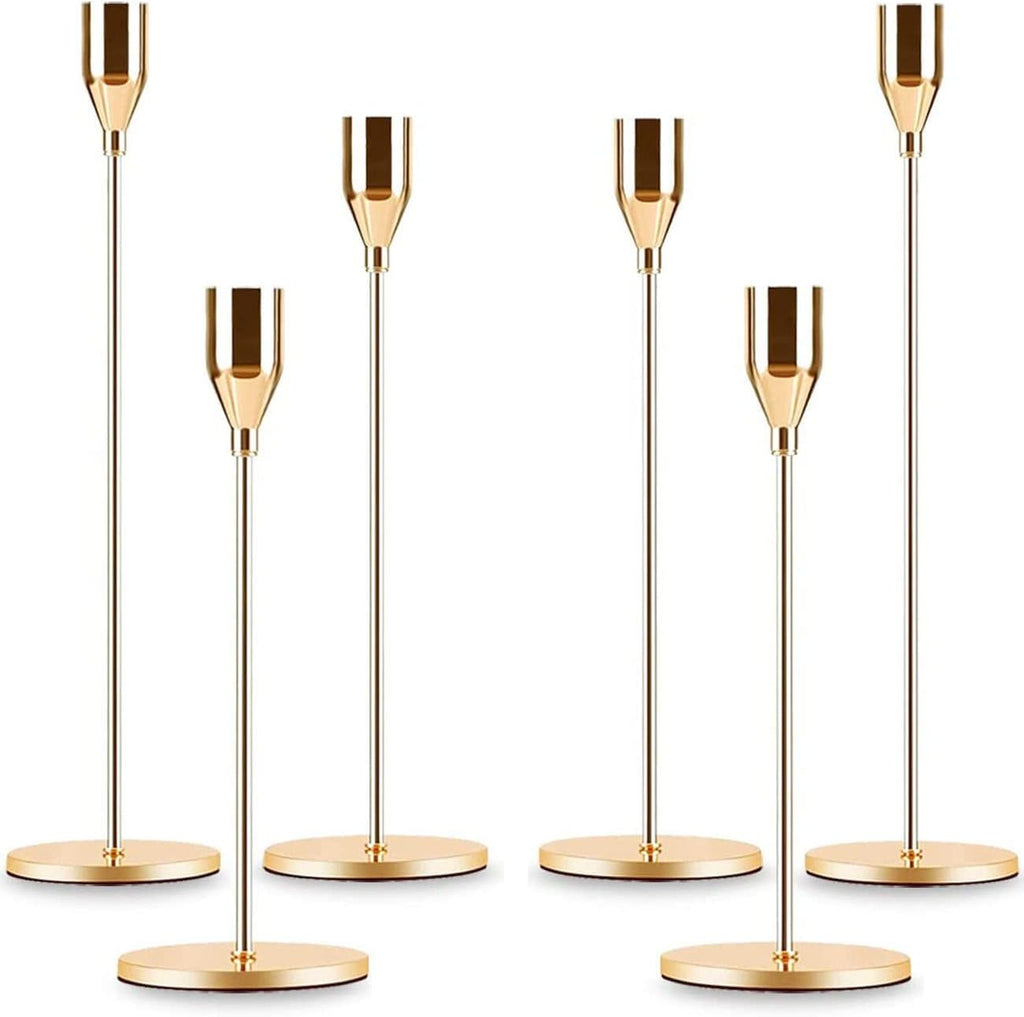 Gold Taper Candle Holder Set of 6, Brass Gold Tall Candlestick Holders, Metal Vintage Candle Stickers Long Holder Set, Pillar Decorative Candle Holder Fits 3/4 Inch Candle