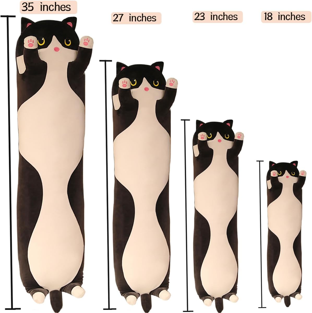 Black Cat Long Plush Pillow Kitty Stuffed Animals Soft Sleeping Throw Pillow Doll Toy Gift(Black,18inches)