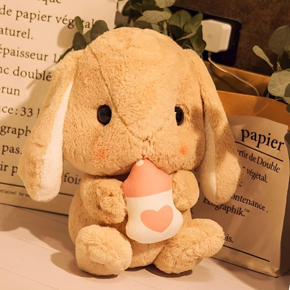 Soft Toy - Sitting Lop Eared Rabbit, Easter White Rabbit Stuffed Bunny Animal with Carrot Soft Lovely Realistic Long-Eared Standing Pink Plush Toys (Brown-Milk Bottle,8.6in/22cm)