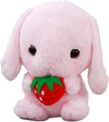 Soft Toy - Sitting Lop Eared Rabbit, Easter White Rabbit Stuffed Bunny Animal with Carrot Soft Lovely Realistic Long-Eared Standing Pink Plush Toys (Pink-Strawberry,8.6in/22cm)