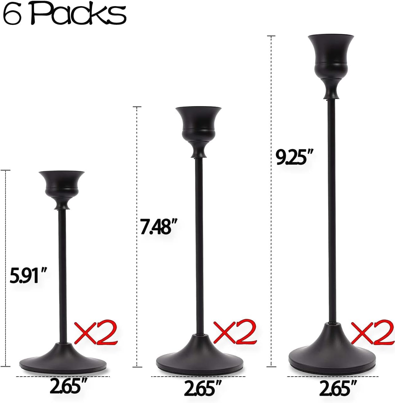 Matte Black Taper Candle Holder Set of 6, Tall Candlestick Holders, Metal Vintage Candle Stickers Long Holder Set, Pillar Decorative Candle Holder Fits 3/4 Inch Candle for Wedding, Dinner, Party…