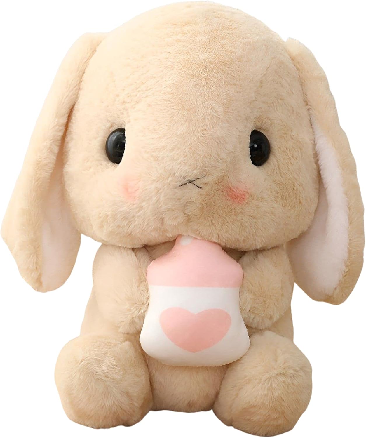 Soft Toy - Sitting Lop Eared Rabbit, Easter White Rabbit Stuffed Bunny Animal with Carrot Soft Lovely Realistic Long-Eared Standing Pink Plush Toys (Brown-Milk Bottle,8.6in/22cm)