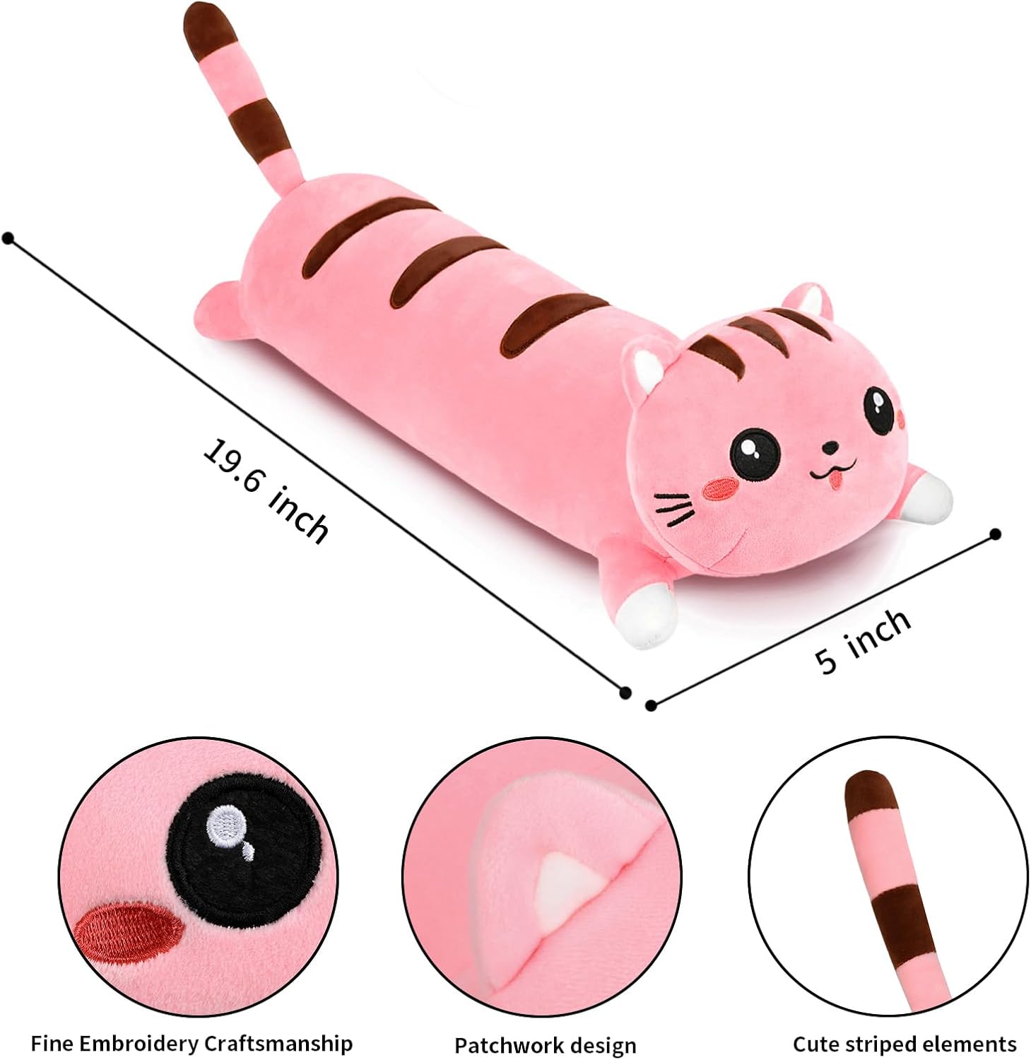 Long Cat Plush Cute Cat Body Pillows Kawaii Stuffed Animals Plushies Soft Cuddly Cotton Plush Toys Room Decor Gifts for Kids Girls Boys Adults (Pink, 19.6 Inch)