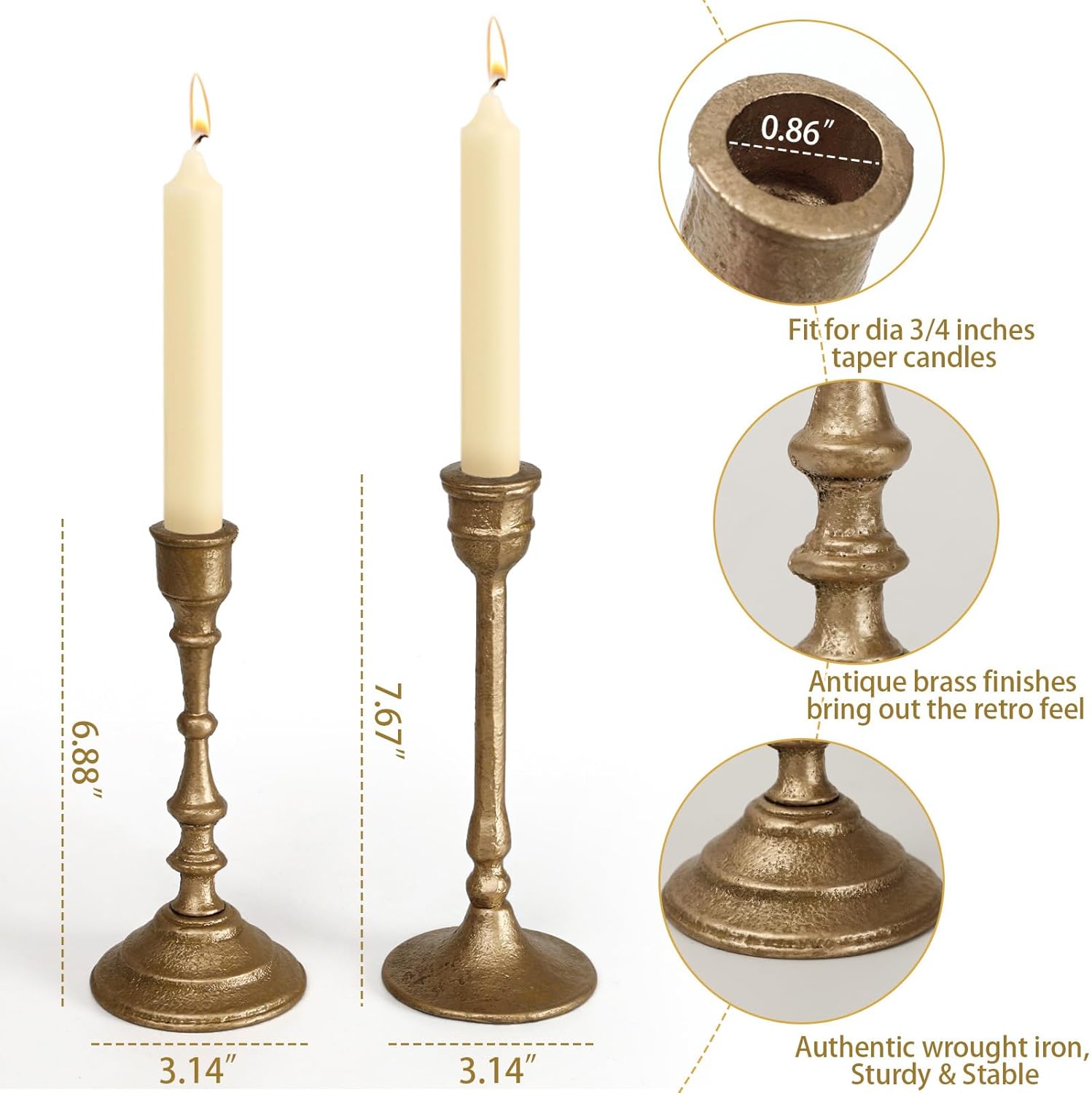 Iron Taper Candle Holder - Set of 2 Decorative Candle Stand - Candlestick Holder for Wedding, Dinning, Party - Antique Brass