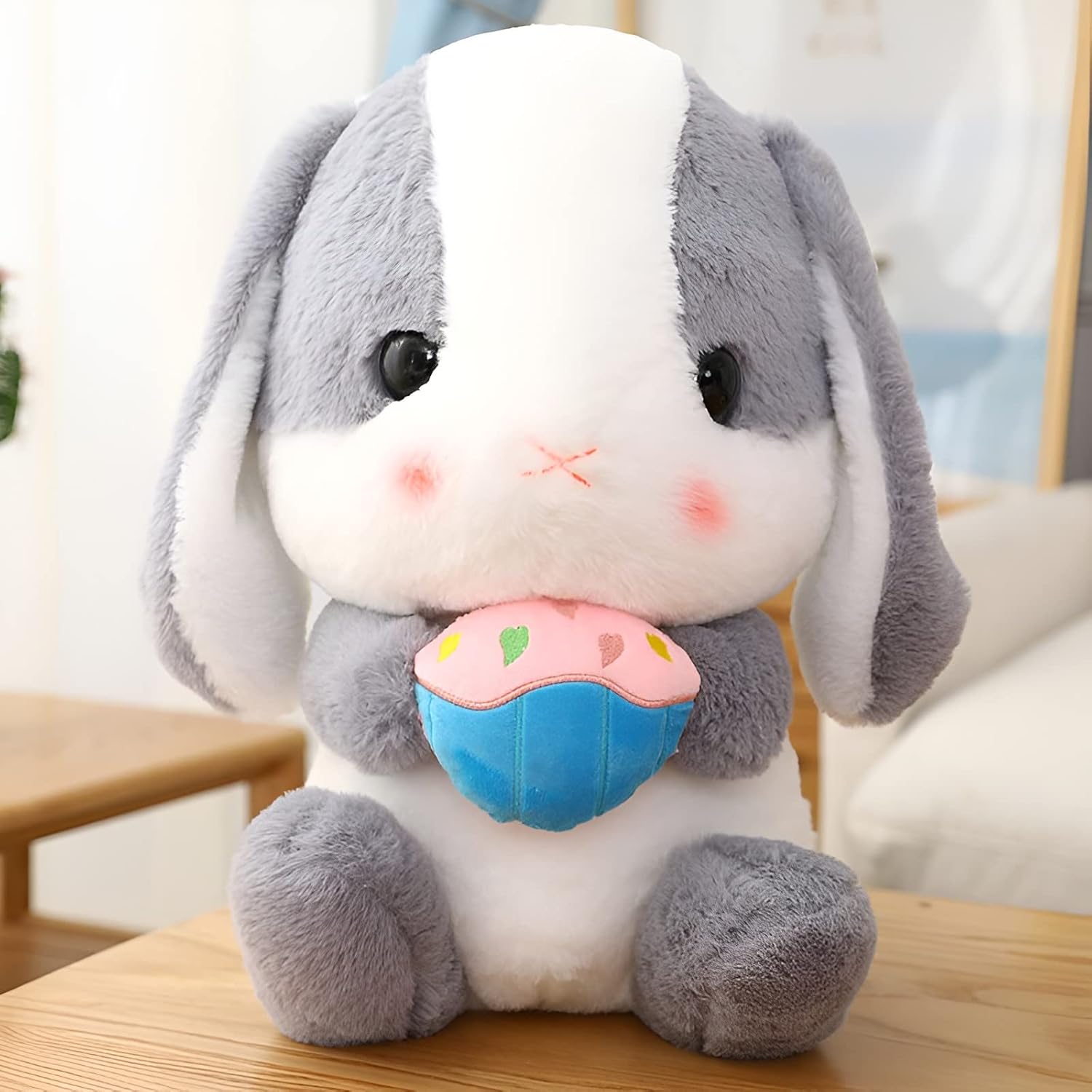 Soft Toy - Sitting Lop Eared Rabbit, Easter White Rabbit Stuffed Bunny Animal with Carrot Soft Lovely Realistic Long-Eared Standing Pink Plush Toys (Ash White-Cake,8.6in/22cm)
