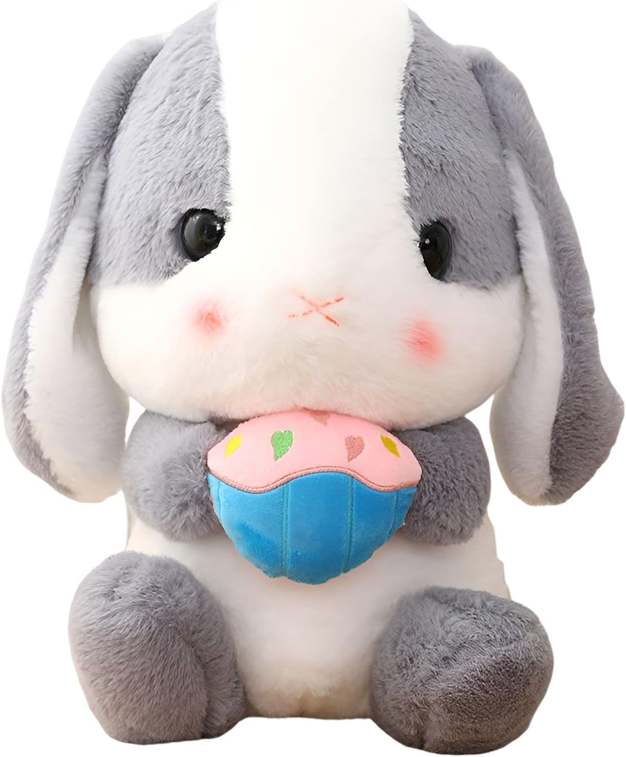 Soft Toy - Sitting Lop Eared Rabbit, Easter White Rabbit Stuffed Bunny Animal with Carrot Soft Lovely Realistic Long-Eared Standing Pink Plush Toys (Ash White-Cake,8.6in/22cm)