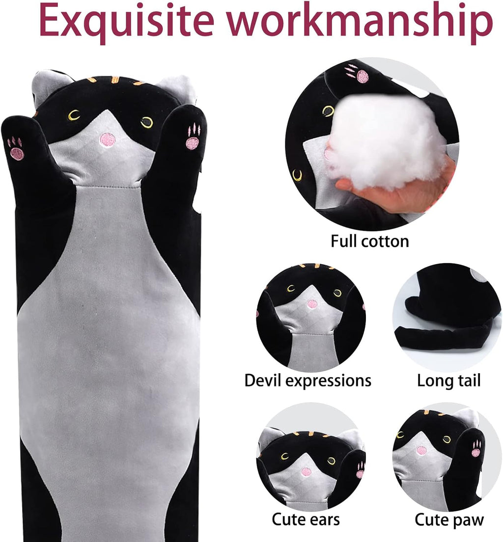 Lovely Plush Cat Doll Cute Cartoon Soft Stuffed Kitten Pillow Long Throw Sleeping Pillow Doll Toy Gift for Kids Girlfriend Multiple Size (Black, 50cm/19.6in)