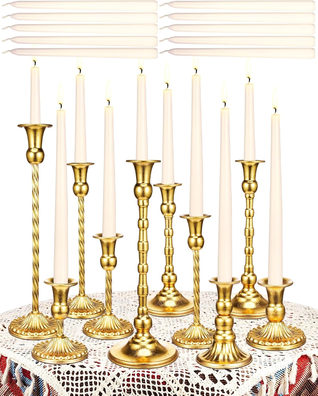 24 Pcs Brass Gold Candlestick Holders and Taper Candles Set 12 Vintage Taper Holders with 12 Tall Candles Decorative Candlestick Modern Centerpiece for Wedding Birthday