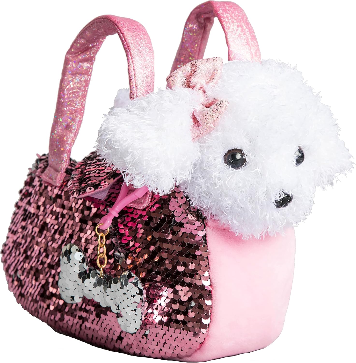 Pet Plush Set with Purse w/Reversible Sequins & Charm - Stuffed Animal Toy for Kids Ages 4-5 - 6-7 - Stuffed Animal Purse - Stuffed Animals for Girls - (White Labradoodle)