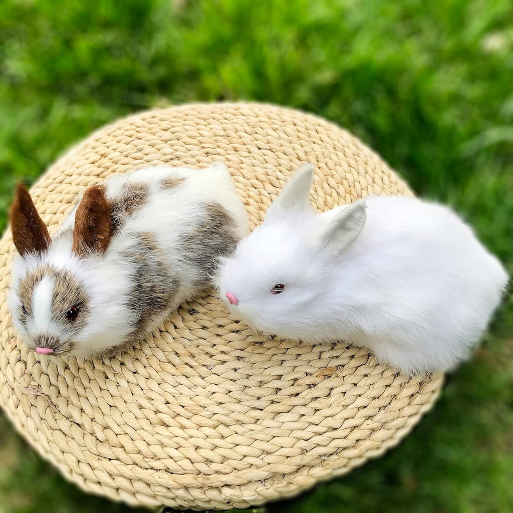 Pack of 2 Realistic Furry Plush Rabbits Figurines Stuffed Farm Animal Models Home Decoration Lifelike Easter Bunnies Statue Photo Props Kids Gift (White+White&Brown)