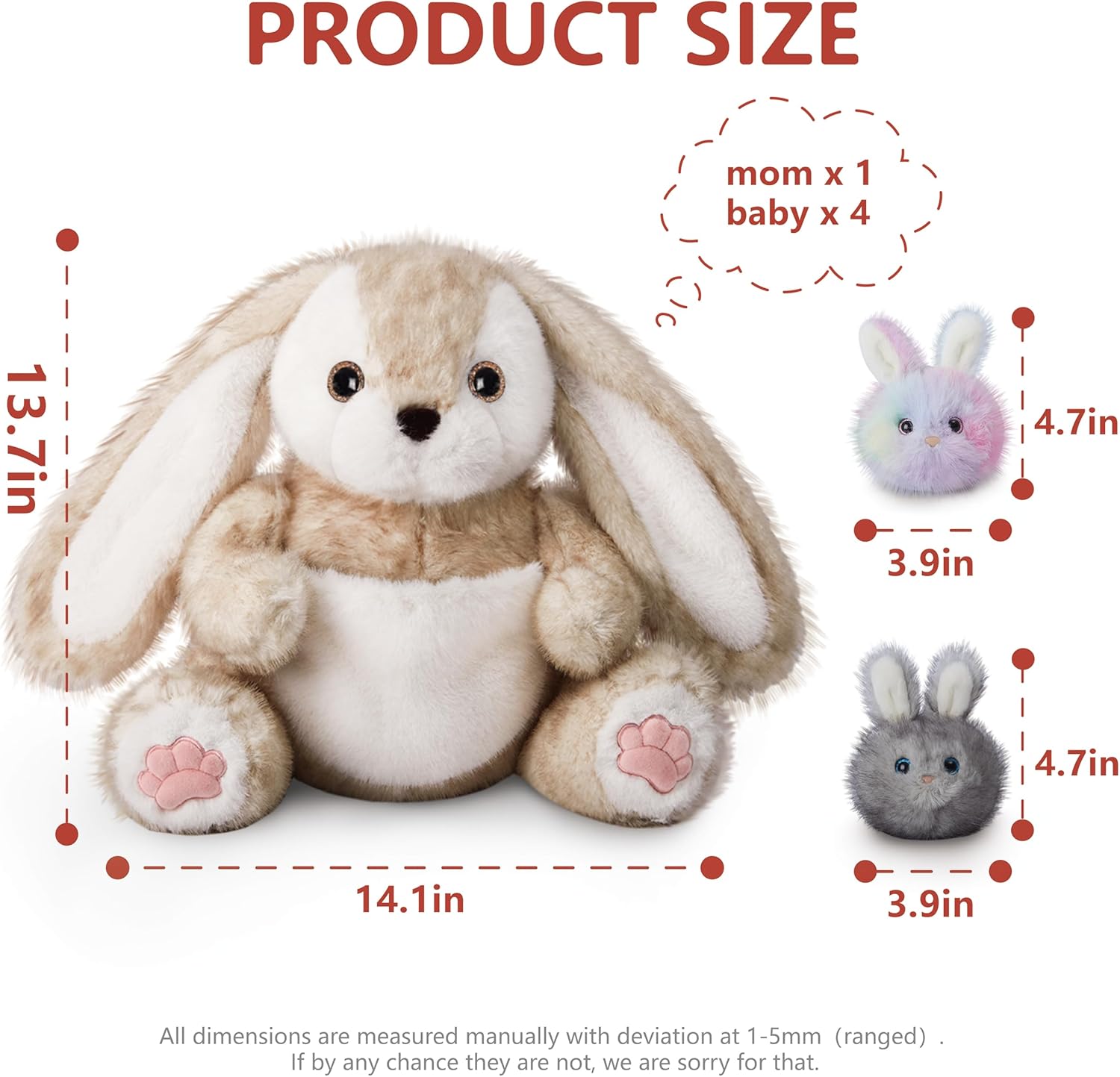 20" | 5Pcs Bunny Stuffed Animals Family Set, Mommy Rabbit Plush with 4 Babies Toys, Cute Large Body Pillow for Girls Boys Adults with Easter Birthday Party Presents