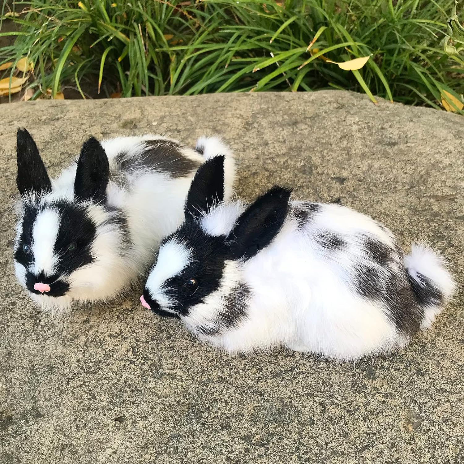 2 Realistic Panda Rabbit Figurines - Plush Dutch Rabbits, Stuffed Farm Animal Models, Lifelike Easter Bunnies Statue Photo Props Spring Home Decoration Collectible Gift (2xBlack&White)