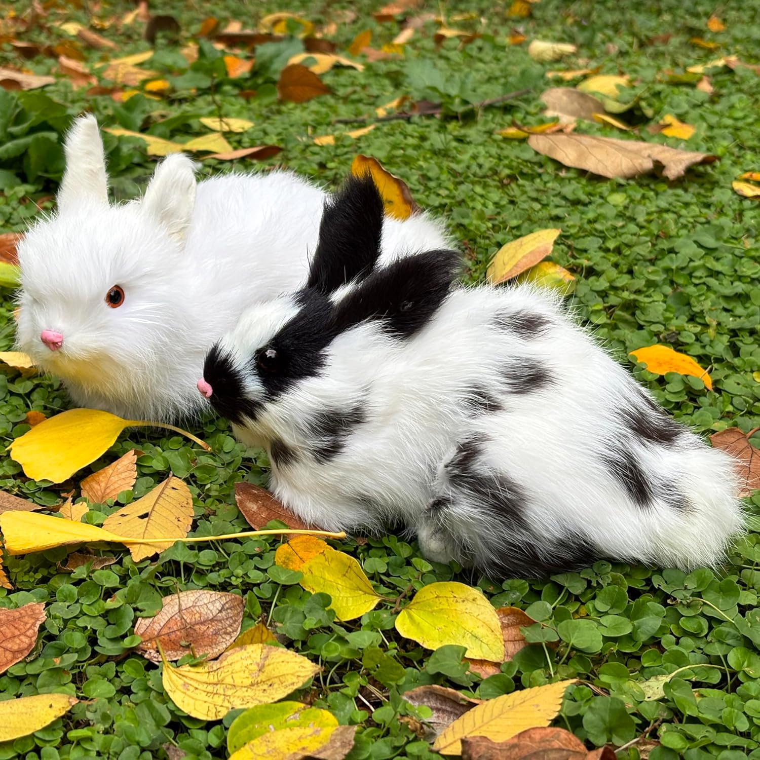 2 Realistic Rabbit Figurines - Lifelike Easter Bunnies Stuffed Farm Animal Plush Dutch Rabbit Statue Photo Props Spring Home Decoration (White+Black&White)