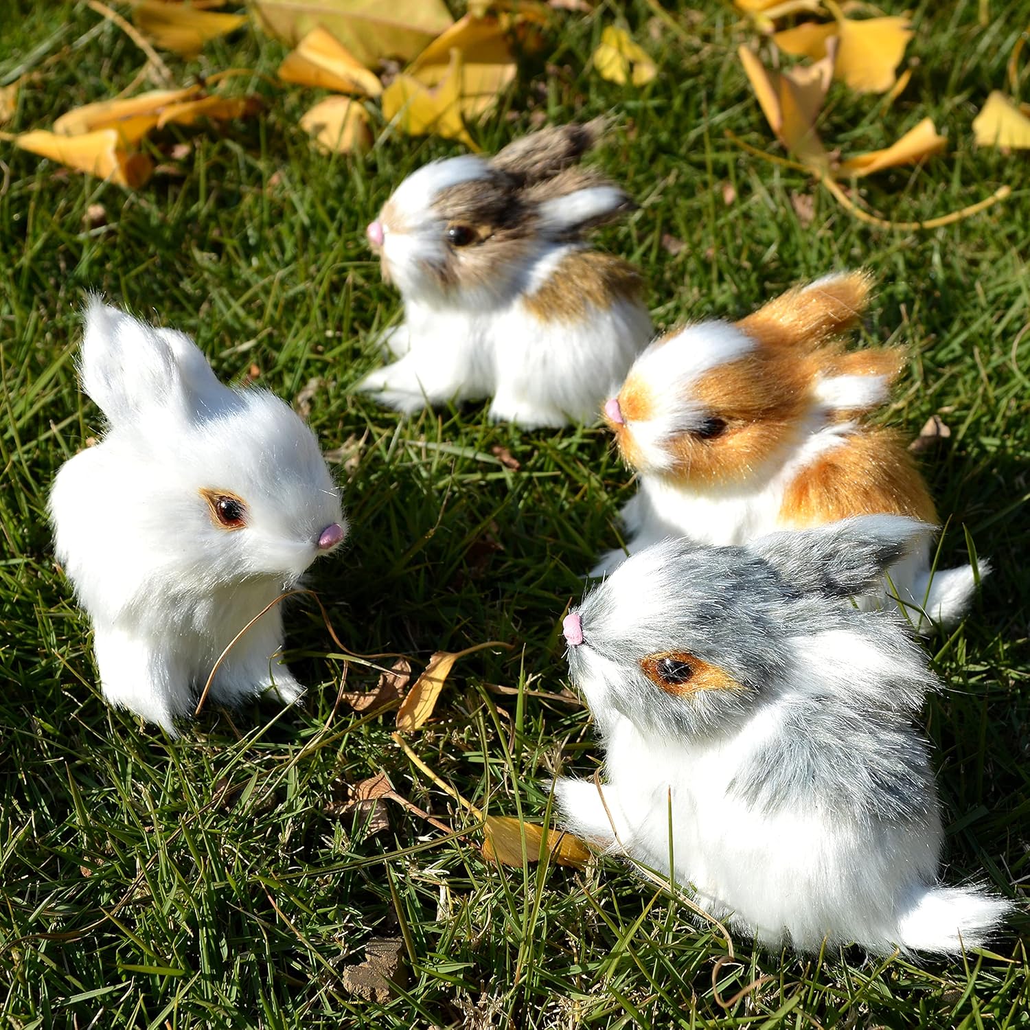 Pack of 4 Assorted Miniature Realistic Plush Rabbit Figurines - Stuffed Farm Animal Model Home Decoration Lifelike Easter Bunnies Photo Props Spring Collectible Gift